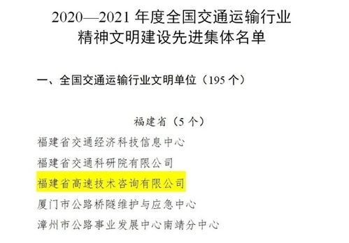 福建高速技術咨詢公司榮獲全國交通運輸行業精神文明建設先進集體榮譽稱號